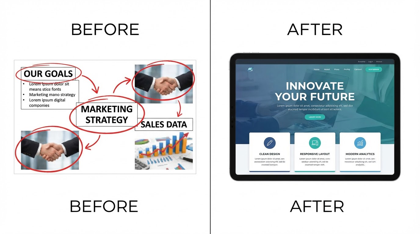 Before: パワポ切り貼り資料 → After: AIモックアップ